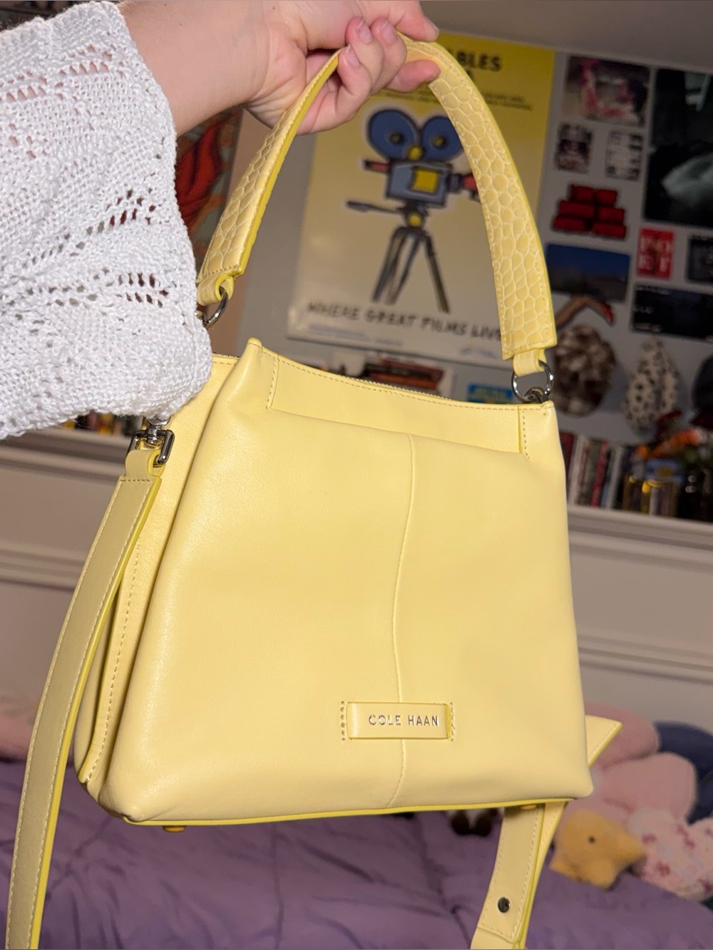 Cole Haan Pale Yellow Leather Shoulder Bag with Textured Handle